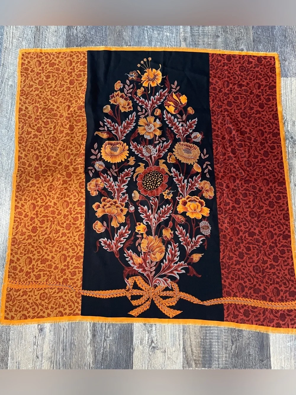 Boho Floral Scarf in Black, Burnt Orange & Rust, earth tone, terra cotta
